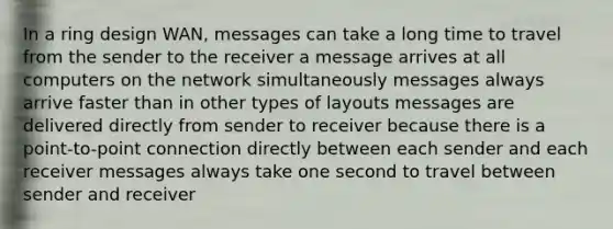 In a ring design WAN, messages can take a long time to travel from the sender to the receiver a message arrives at all computers on the network simultaneously messages always arrive faster than in other types of layouts messages are delivered directly from sender to receiver because there is a point-to-point connection directly between each sender and each receiver messages always take one second to travel between sender and receiver