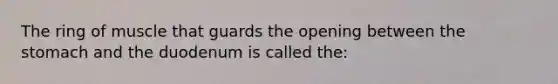 The ring of muscle that guards the opening between <a href='https://www.questionai.com/knowledge/kLccSGjkt8-the-stomach' class='anchor-knowledge'>the stomach</a> and the duodenum is called the: