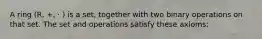 A ring (R, +, · ) is a set, together with two binary operations on that set. The set and operations satisfy these axioms: