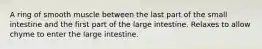 A ring of smooth muscle between the last part of the small intestine and the first part of the large intestine. Relaxes to allow chyme to enter the large intestine.