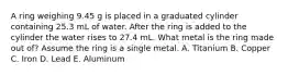 A ring weighing 9.45 g is placed in a graduated cylinder containing 25.3 mL of water. After the ring is added to the cylinder the water rises to 27.4 mL. What metal is the ring made out of? Assume the ring is a single metal. A. Titanium B. Copper C. Iron D. Lead E. Aluminum