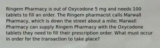 Ringem Pharmacy is out of Oxycodone 5 mg and needs 100 tablets to fill an order. The Ringem pharmacist calls Marwall Pharmacy, which is down the street about a mile; Marwall Pharmacy can supply Ringem Pharmacy with the Oxycodone tablets they need to fill their prescription order. What must occur in order for the transaction to take place?