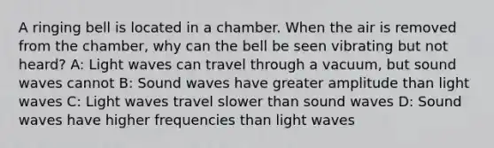 A ringing bell is located in a chamber. When the air is removed from the chamber, why can the bell be seen vibrating but not heard? A: Light waves can travel through a vacuum, but sound waves cannot B: Sound waves have greater amplitude than light waves C: Light waves travel slower than sound waves D: Sound waves have higher frequencies than light waves