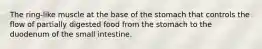The ring-like muscle at the base of the stomach that controls the flow of partially digested food from the stomach to the duodenum of the small intestine.