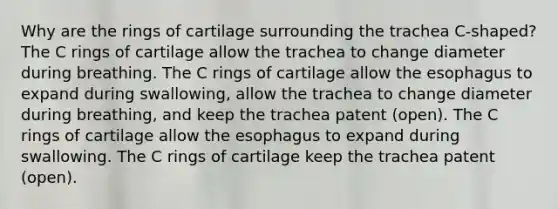 Why are the rings of cartilage surrounding the trachea C-shaped? The C rings of cartilage allow the trachea to change diameter during breathing. The C rings of cartilage allow the esophagus to expand during swallowing, allow the trachea to change diameter during breathing, and keep the trachea patent (open). The C rings of cartilage allow the esophagus to expand during swallowing. The C rings of cartilage keep the trachea patent (open).