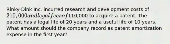 Rinky-Dink Inc. incurred research and development costs of 210,000 and legal fees of110,000 to acquire a patent. The patent has a legal life of 20 years and a useful life of 10 years. What amount should the company record as patent amortization expense in the first year?