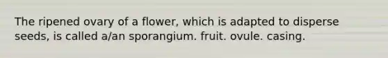 The ripened ovary of a flower, which is adapted to disperse seeds, is called a/an sporangium. fruit. ovule. casing.