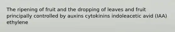 The ripening of fruit and the dropping of leaves and fruit principally controlled by auxins cytokinins indoleacetic avid (IAA) ethylene