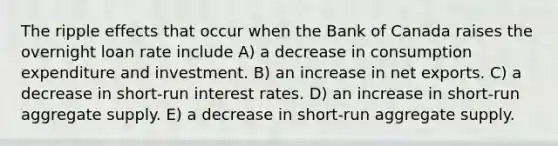 The ripple effects that occur when the Bank of Canada raises the overnight loan rate include A) a decrease in consumption expenditure and investment. B) an increase in net exports. C) a decrease in short-run interest rates. D) an increase in short-run aggregate supply. E) a decrease in short-run aggregate supply.