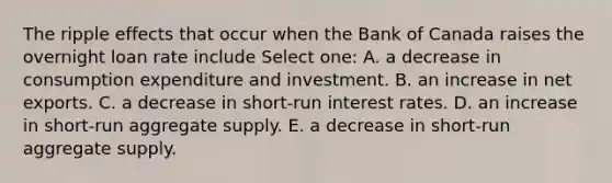 The ripple effects that occur when the Bank of Canada raises the overnight loan rate include Select one: A. a decrease in consumption expenditure and investment. B. an increase in net exports. C. a decrease in short-run interest rates. D. an increase in short-run aggregate supply. E. a decrease in short-run aggregate supply.