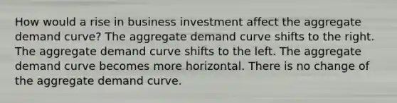 How would a rise in business investment affect the aggregate demand curve? The aggregate demand curve shifts to the right. The aggregate demand curve shifts to the left. The aggregate demand curve becomes more horizontal. There is no change of the aggregate demand curve.