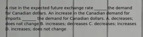 A rise in the expected future exchange rate​ ______ the demand for Canadian dollars. An increase in the Canadian demand for imports​ _______ the demand for Canadian dollars. A. decreases​; does not change B. increases​; decreases C. decreases​; increases D. increases​; does not change