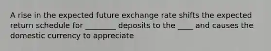 A rise in the expected future exchange rate shifts the expected return schedule for ________ deposits to the ____ and causes the domestic currency to appreciate