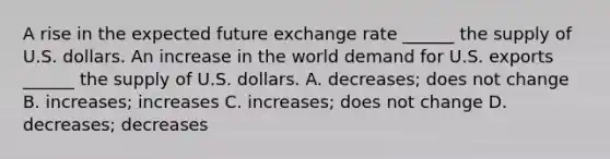 A rise in the expected future exchange rate​ ______ the supply of U.S. dollars. An increase in the world demand for U.S. exports​ ______ the supply of U.S. dollars. A. decreases​; does not change B. increases​; increases C. increases​; does not change D. decreases​; decreases