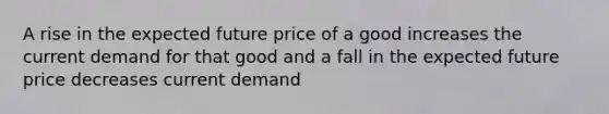 A rise in the expected future price of a good increases the current demand for that good and a fall in the expected future price decreases current demand