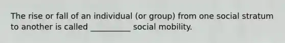 The rise or fall of an individual (or group) from one social stratum to another is called __________ social mobility.