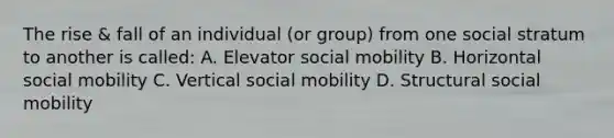 The rise & fall of an individual (or group) from one social stratum to another is called: A. Elevator <a href='https://www.questionai.com/knowledge/kwMCQRIHge-social-mobility' class='anchor-knowledge'>social mobility</a> B. Horizontal social mobility C. Vertical social mobility D. Structural social mobility