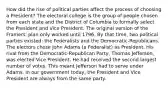 How did the rise of political parties affect the process of choosing a President? The electoral college is the group of people chosen from each state and the District of Columbia to formally select the President and Vice President. The original version of the Framers' plan only worked until 1796. By that time, two political parties existed: the Federalists and the Democratic-Republicans. The electors chose John Adams (a Federalist) as President. His rival from the Democratic-Republican Party, Thomas Jefferson, was elected Vice President. He had received the second largest number of votes. This meant Jefferson had to serve under Adams. In our government today, the President and Vice President are always from the same party.