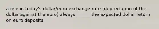 a rise in today's dollar/euro exchange rate (depreciation of the dollar against the euro) always ______ the expected dollar return on euro deposits