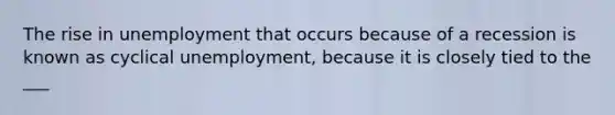 The rise in unemployment that occurs because of a recession is known as cyclical unemployment, because it is closely tied to the ___