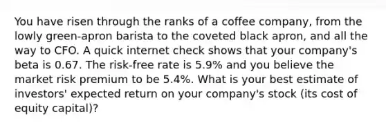 You have risen through the ranks of a coffee​ company, from the lowly​ green-apron barista to the coveted black​ apron, and all the way to CFO. A quick internet check shows that your​ company's beta is 0.67. The​ risk-free rate is 5.9% and you believe the market risk premium to be 5.4%. What is your best estimate of​ investors' expected return on your​ company's stock​ (its cost of equity​ capital)?