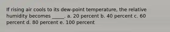 If rising air cools to its dew-point temperature, the relative humidity becomes _____. a. 20 percent b. 40 percent c. 60 percent d. 80 percent e. 100 percent