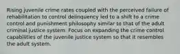 Rising juvenile crime rates coupled with the perceived failure of rehabilitation to control delinquency led to a shift to a crime control and punishment philosophy similar to that of the adult criminal justice system. Focus on expanding the crime control capabilities of the juvenile justice system so that it resembles the adult system.