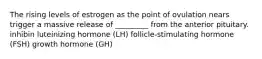 The rising levels of estrogen as the point of ovulation nears trigger a massive release of _________ from the anterior pituitary. inhibin luteinizing hormone (LH) follicle-stimulating hormone (FSH) growth hormone (GH)