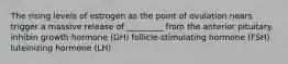 The rising levels of estrogen as the point of ovulation nears trigger a massive release of _________ from the anterior pituitary. inhibin growth hormone (GH) follicle-stimulating hormone (FSH) luteinizing hormone (LH)