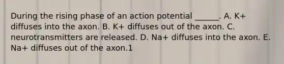 During the rising phase of an action potential ______. A. K+ diffuses into the axon. B. K+ diffuses out of the axon. C. neurotransmitters are released. D. Na+ diffuses into the axon. E. Na+ diffuses out of the axon.1