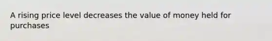 A rising price level decreases the value of money held for purchases