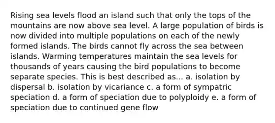 Rising sea levels flood an island such that only the tops of the mountains are now above sea level. A large population of birds is now divided into multiple populations on each of the newly formed islands. The birds cannot fly across the sea between islands. Warming temperatures maintain the sea levels for thousands of years causing the bird populations to become separate species. This is best described as... a. isolation by dispersal b. isolation by vicariance c. a form of sympatric speciation d. a form of speciation due to polyploidy e. a form of speciation due to continued gene flow