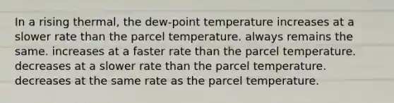 In a rising thermal, the dew-point temperature​ ​increases at a slower rate than the parcel temperature. ​always remains the same. ​increases at a faster rate than the parcel temperature. ​decreases at a slower rate than the parcel temperature. ​decreases at the same rate as the parcel temperature.