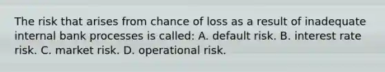 The risk that arises from chance of loss as a result of inadequate internal bank processes is called: A. default risk. B. interest rate risk. C. market risk. D. operational risk.