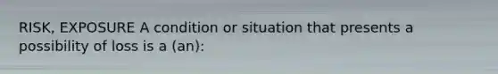 RISK, EXPOSURE A condition or situation that presents a possibility of loss is a (an):