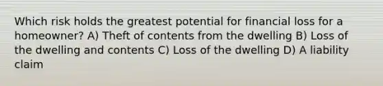 Which risk holds the greatest potential for financial loss for a homeowner? A) Theft of contents from the dwelling B) Loss of the dwelling and contents C) Loss of the dwelling D) A liability claim