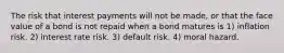 The risk that interest payments will not be made, or that the face value of a bond is not repaid when a bond matures is 1) inflation risk. 2) interest rate risk. 3) default risk. 4) moral hazard.