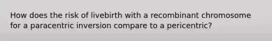 How does the risk of livebirth with a recombinant chromosome for a paracentric inversion compare to a pericentric?