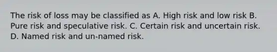 The risk of loss may be classified as A. High risk and low risk B. Pure risk and speculative risk. C. Certain risk and uncertain risk. D. Named risk and un-named risk.