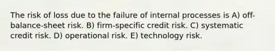 The risk of loss due to the failure of internal processes is A) off-balance-sheet risk. B) firm-specific credit risk. C) systematic credit risk. D) operational risk. E) technology risk.