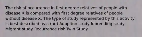 The risk of occurrence in first degree relatives of people with disease X is compared with first degree relatives of people without disease X. The type of study represented by this activity is best described as a (an) Adoption study Inbreeding study Migrant study Recurrence risk Twin Study