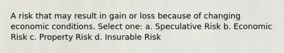 A risk that may result in gain or loss because of changing economic conditions. Select one: a. Speculative Risk b. Economic Risk c. Property Risk d. Insurable Risk