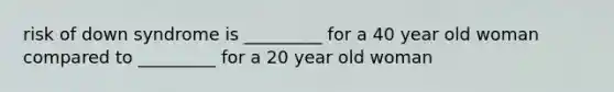 risk of down syndrome is _________ for a 40 year old woman compared to _________ for a 20 year old woman