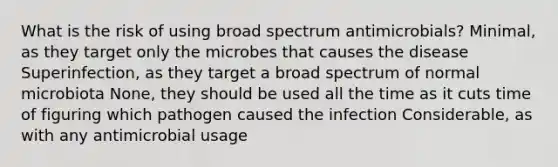 What is the risk of using broad spectrum antimicrobials? Minimal, as they target only the microbes that causes the disease Superinfection, as they target a broad spectrum of normal microbiota None, they should be used all the time as it cuts time of figuring which pathogen caused the infection Considerable, as with any antimicrobial usage