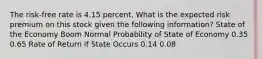 The risk-free rate is 4.15 percent. What is the expected risk premium on this stock given the following information? State of the Economy Boom Normal Probability of State of Economy 0.35 0.65 Rate of Return if State Occurs 0.14 0.08