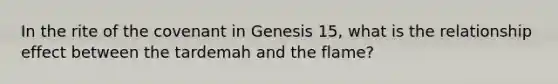 In the rite of the covenant in Genesis 15, what is the relationship effect between the tardemah and the flame?