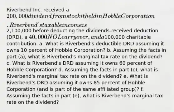 Riverbend Inc. received a 200,000 dividend from stock it held in Hobble Corporation. Riverbend's taxable income is2,100,000 before deducting the dividends-received deduction (DRD), a 40,000 NOL carryover, and a100,000 charitable contribution. a. What is Riverbend's deductible DRD assuming it owns 10 percent of Hobble Corporation? b. Assuming the facts in part (a), what is Riverbend's marginal tax rate on the dividend? c. What is Riverbend's DRD assuming it owns 60 percent of Hobble Corporation? d. Assuming the facts in part (c), what is Riverbend's marginal tax rate on the dividend? e. What is Riverbend's DRD assuming it owns 85 percent of Hobble Corporation (and is part of the same affiliated group)? f. Assuming the facts in part (e), what is Riverbend's marginal tax rate on the dividend?