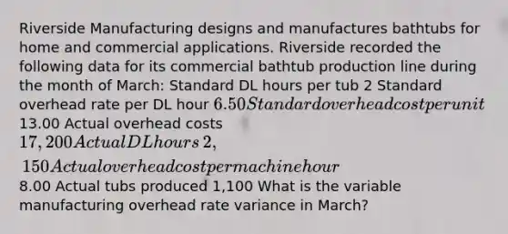 Riverside Manufacturing designs and manufactures bathtubs for home and commercial applications. Riverside recorded the following data for its commercial bathtub production line during the month of​ March: Standard DL hours per tub 2 Standard overhead rate per DL hour ​6.50 Standard overhead cost per unit ​13.00 Actual overhead costs ​17,200 Actual DL hours ​2,150 Actual overhead cost per machine hour ​8.00 Actual tubs produced ​1,100 What is the variable manufacturing overhead rate variance in​ March?