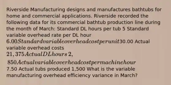 Riverside Manufacturing designs and manufactures bathtubs for home and commercial applications. Riverside recorded the following data for its commercial bathtub production line during the month of​ March: Standard DL hours per tub 5 Standard variable overhead rate per DL hour ​6.00 Standard variable overhead cost per unit ​30.00 Actual variable overhead costs ​21,375 Actual DL hours ​2,850 Actual variable overhead cost per machine hour ​7.50 Actual tubs produced ​1,500 What is the variable manufacturing overhead efficiency variance in​ March?