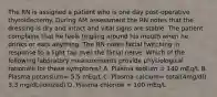 The RN is assigned a patient who is one day post-operative thyroidectemy. During AM assessment the RN notes that the dressing is dry and intact and vital signs are stable. The patient complains that he feels tingling around his mouth when he drinks or eats anything. The RN notes facial twitching in response to a light tap over the facial nerve. Which of the following laboratory measurements provide physiological rationale for these symptoms? A. Plasma sodium = 140 mEq/L B. Plasma potassium= 5.5 mEq/L C. Plasma calcium= total(4mg/dl) 3.3 mg/dL(ionized) D. Plasma chloride = 100 mEq/L